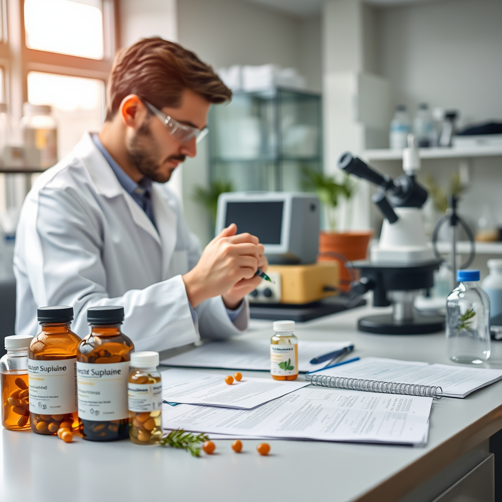 Pesquisador em laboratório moderno analisando suplementos naturais de energia com equipamentos científicos avançados, frascos com extratos vegetais e documentos de pesquisa sobre mesa