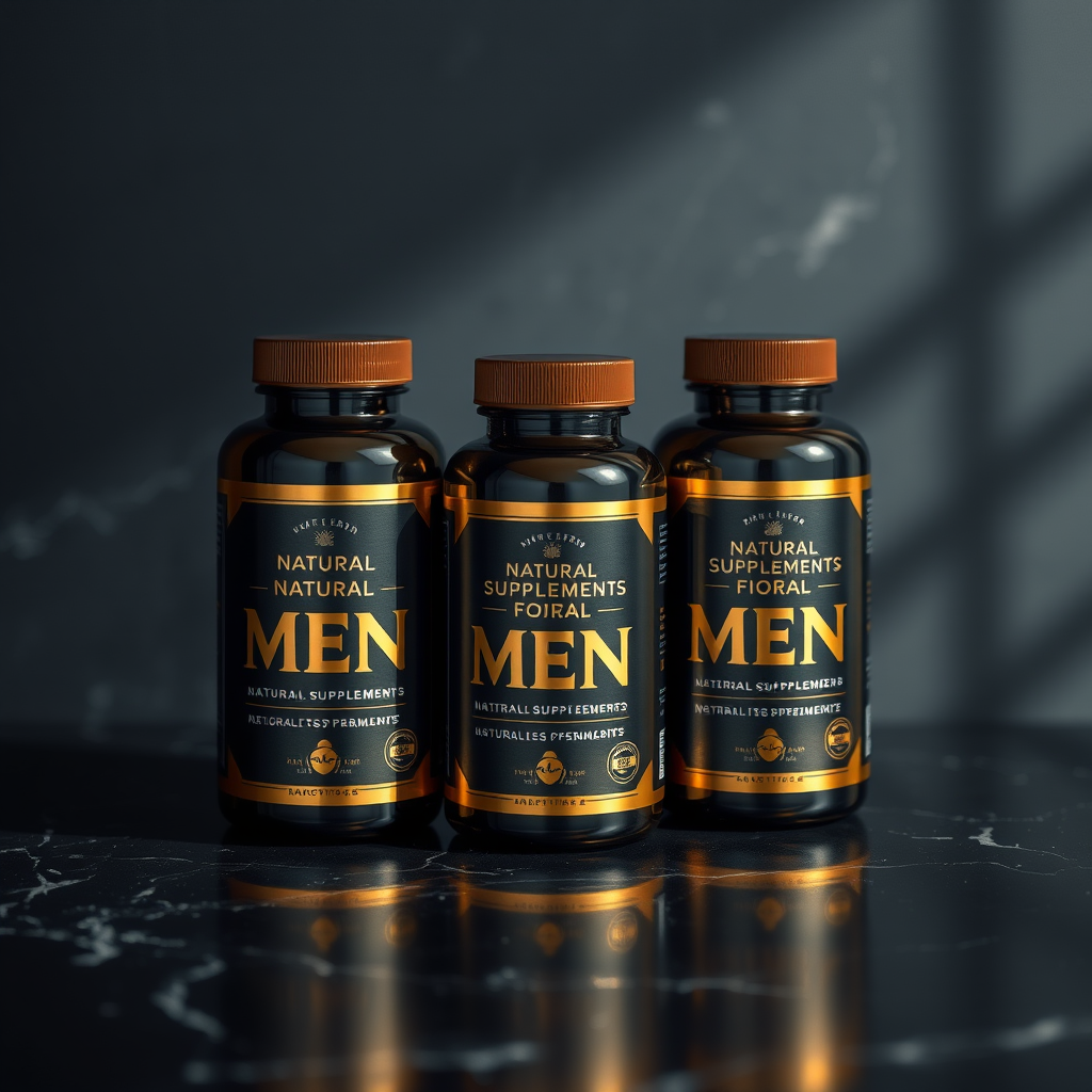 Três frascos elegantes de suplementos naturais para homens dispostos sobre uma superfície de mármore escuro com iluminação dramática lateral, destacando as texturas metálicas douradas dos rótulos e tampas