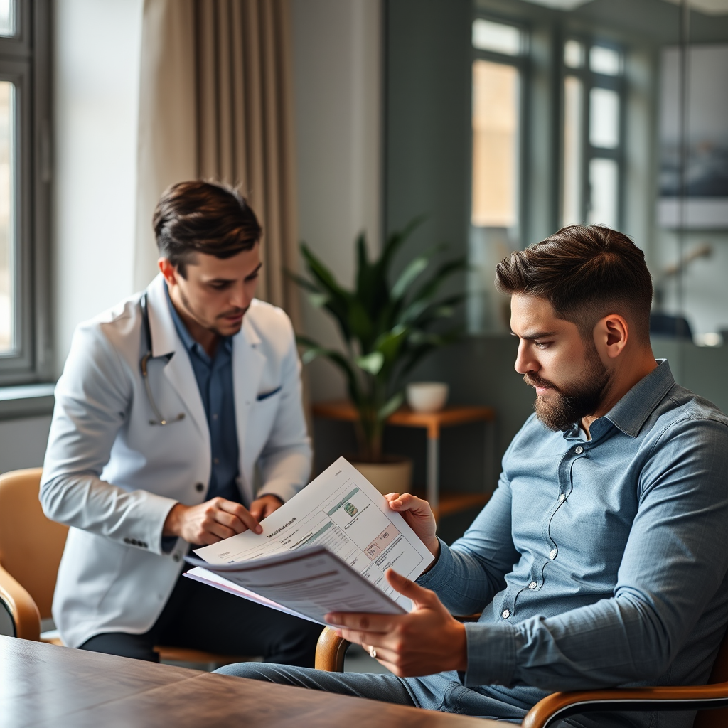 Professional health consultation scene with certified nutritionist reviewing personalized supplement plans with male client in modern Porto office, dramatic lighting highlighting wellness expertise and men's health focus