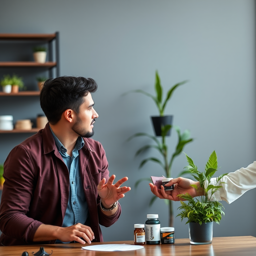 Nutricionista profissional consultando com cliente masculino sobre suplementos naturais para saúde masculina e vitalidade