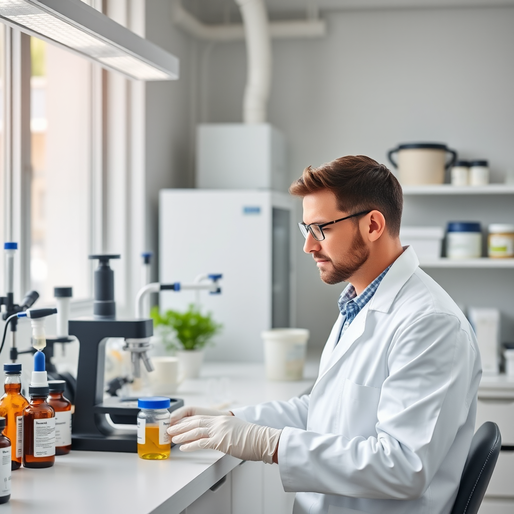 Laboratório moderno no Porto com equipamentos de última geração para formulação de suplementos naturais personalizados, cientista em jaleco branco analisando amostras
