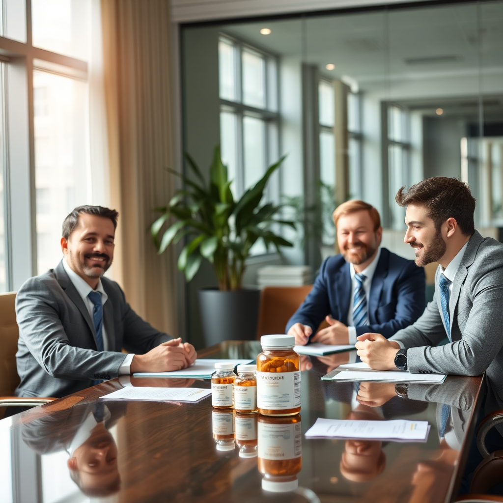 Executivos masculinos em ambiente corporativo moderno participando de programa de bem-estar, com suplementos naturais sobre mesa de reunião elegante