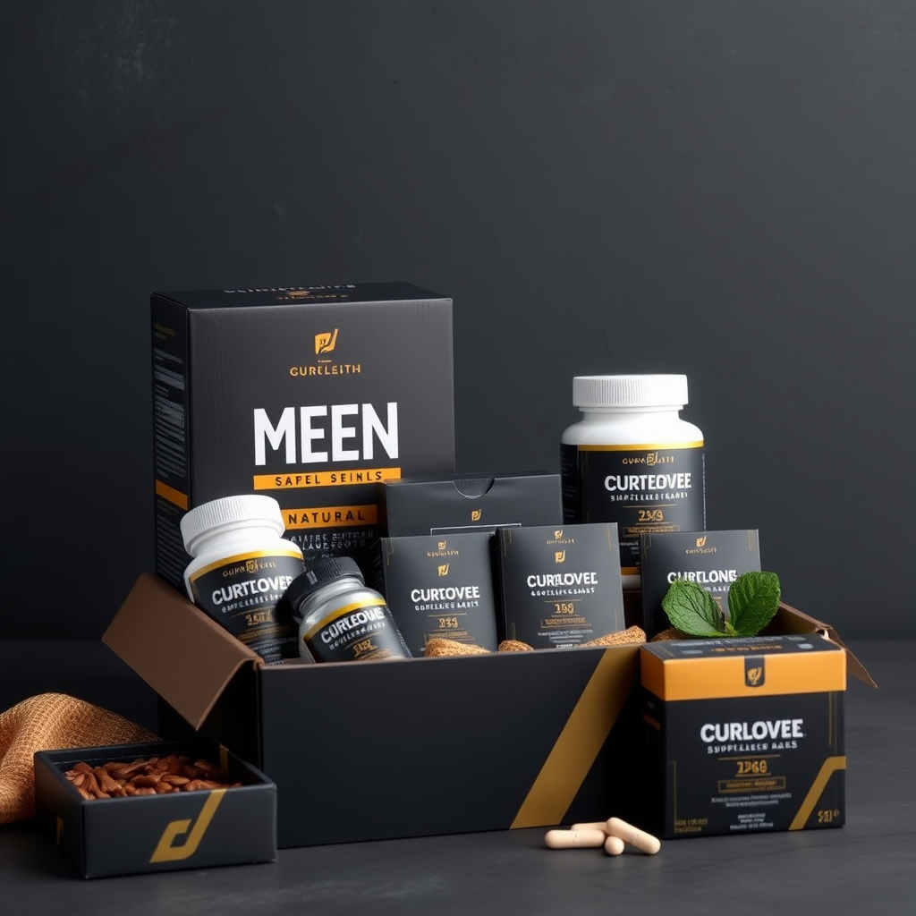 Caixas de suplementos naturais para saúde masculina organizadas em sistema de entrega mensal, com embalagem premium em preto e dourado
