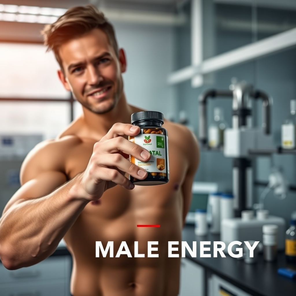 Homem atlético segurando frasco de suplementos naturais em laboratório moderno com equipamentos científicos ao fundo, iluminação dramática destacando os benefícios para energia masculina