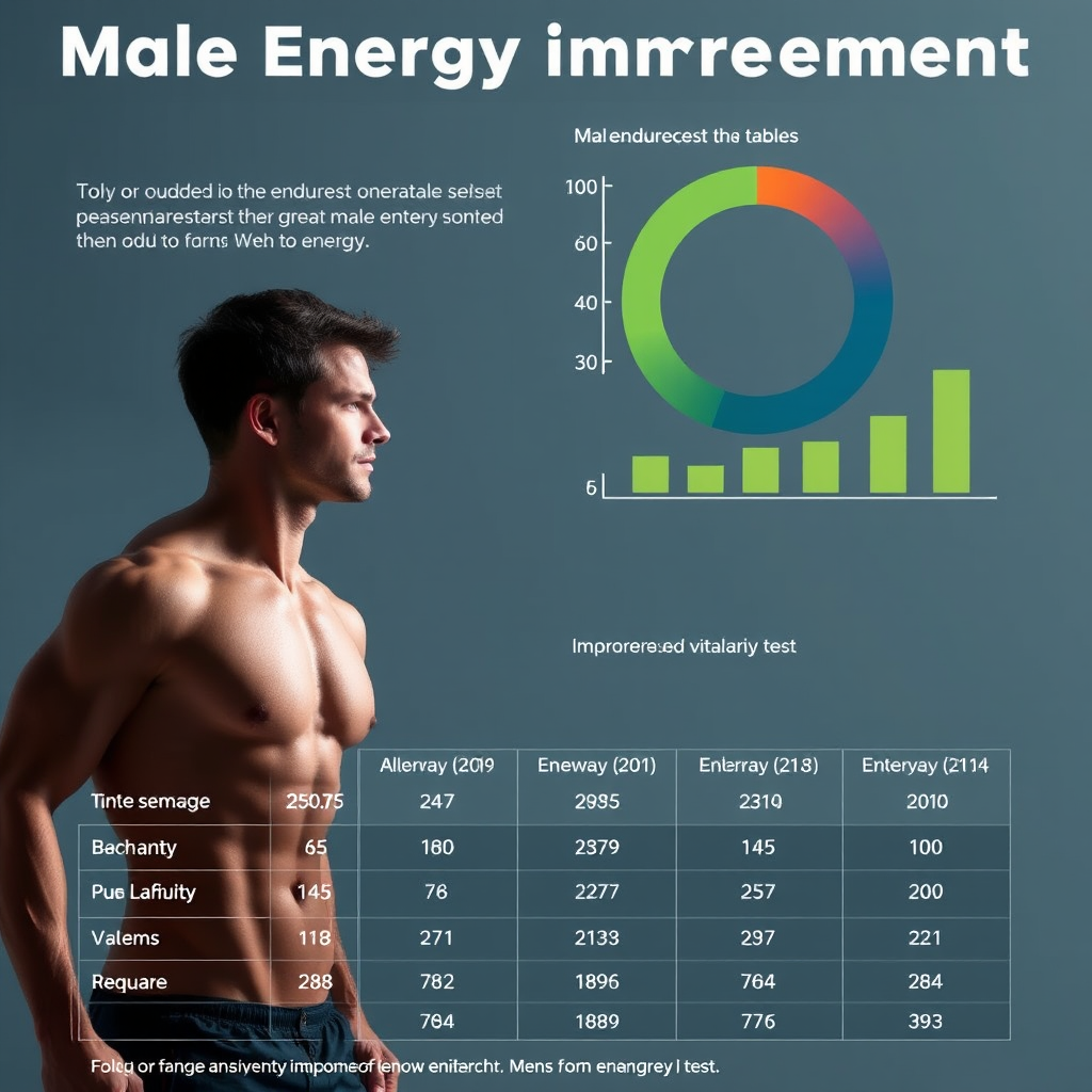Gráficos científicos mostrando dados sobre melhoria da energia masculina, tabelas com resultados de testes de resistência e vitalidade em homens