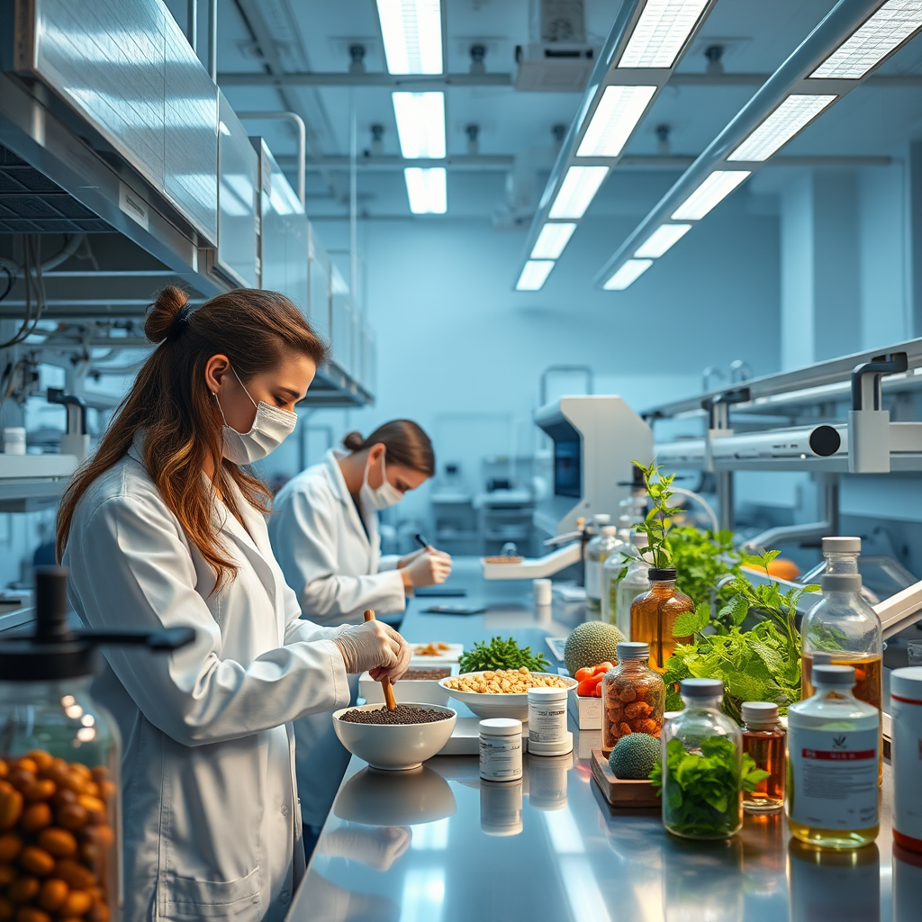 Laboratório moderno com equipamentos de última geração para produção de suplementos naturais, com técnicos em batas brancas trabalhando com ingredientes naturais sob iluminação profissional