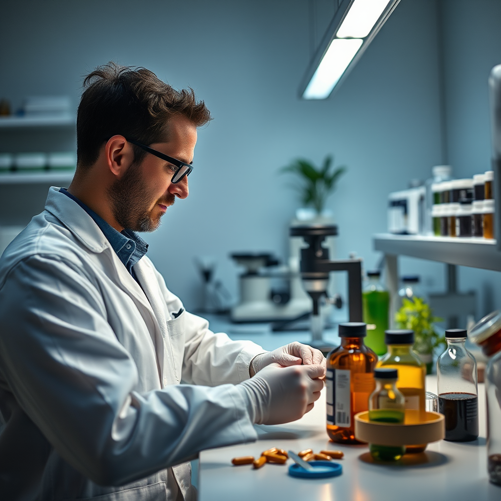 Modern laboratory in Porto with scientist creating custom natural supplement formulations for men's health, precision equipment and natural ingredients visible under professional lighting