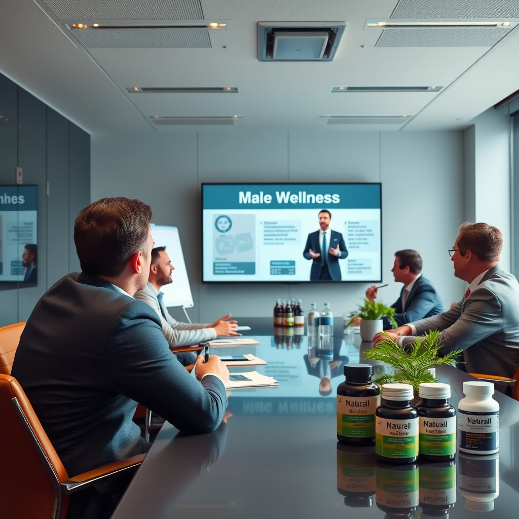 Sala de reuniões corporativa moderna com apresentação sobre bem-estar masculino, executivos atentos e produtos de suplementação natural dispostos profissionalmente
