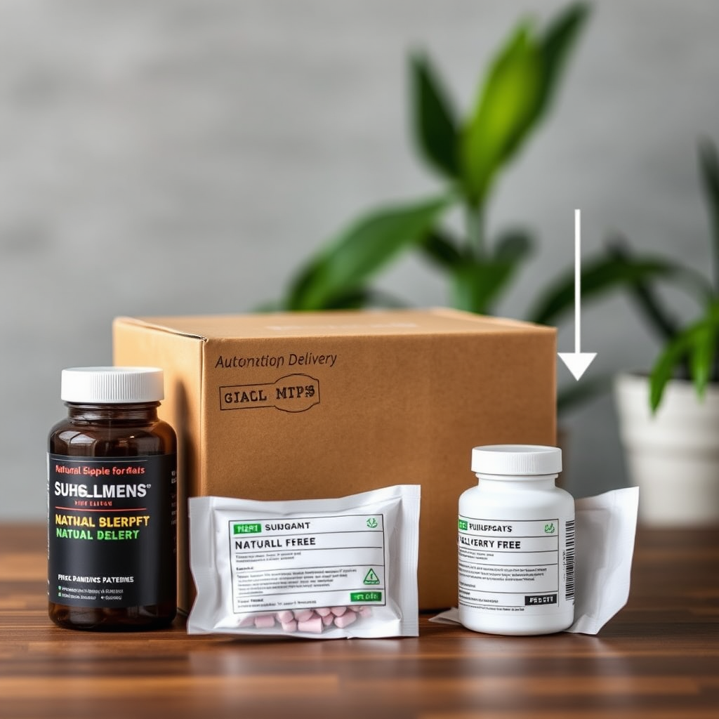 Sistema de entrega automatizada de suplementos naturais para homens, mostrando embalagem discreta e profissional com rastreamento digital