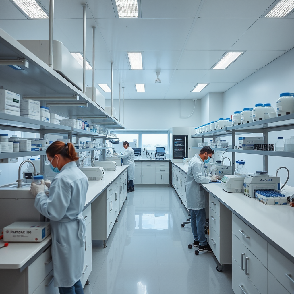 Interior do laboratório ForcaMasculina no Porto com equipamentos científicos modernos, bancadas de trabalho limpas e farmacêuticos especializados trabalhando