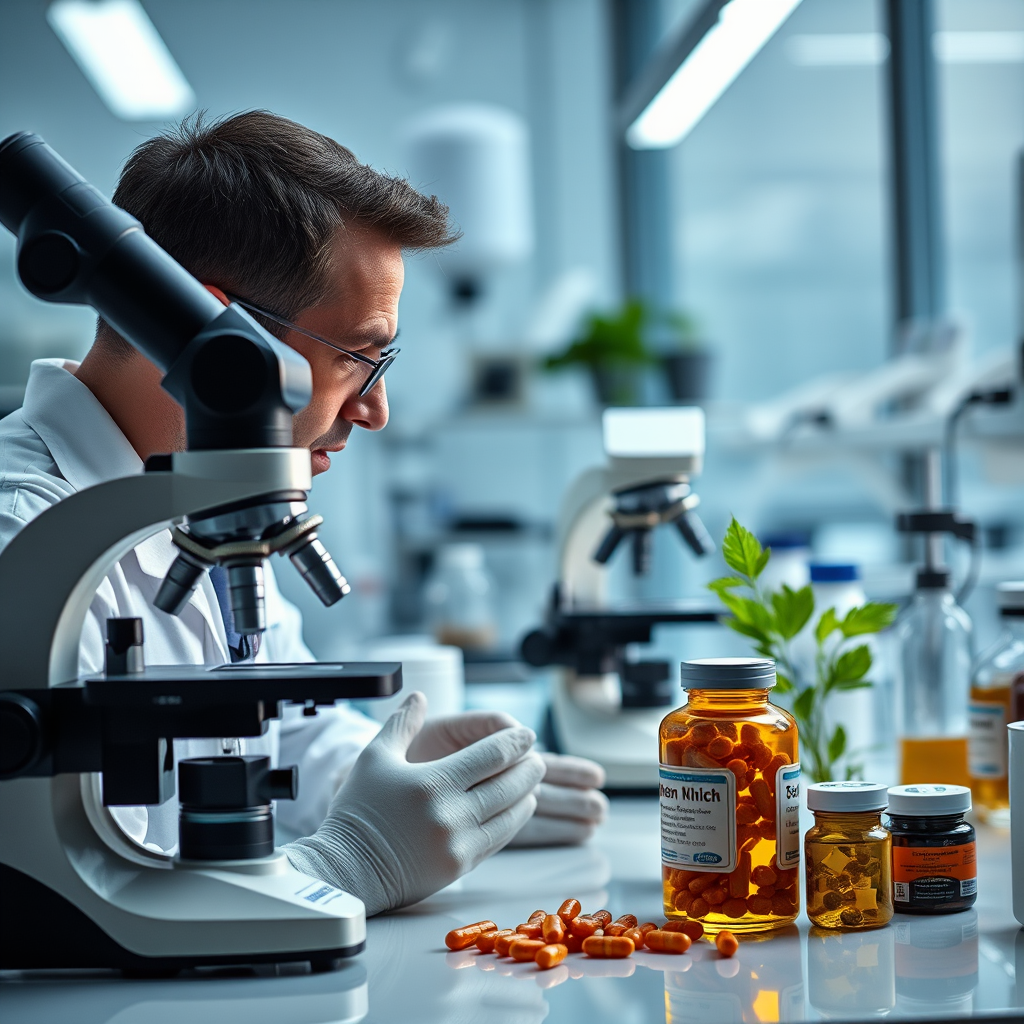 Laboratório moderno com suplementos naturais sendo analisados, microscópio e equipamentos científicos, representando pesquisa em saúde masculina e wellness