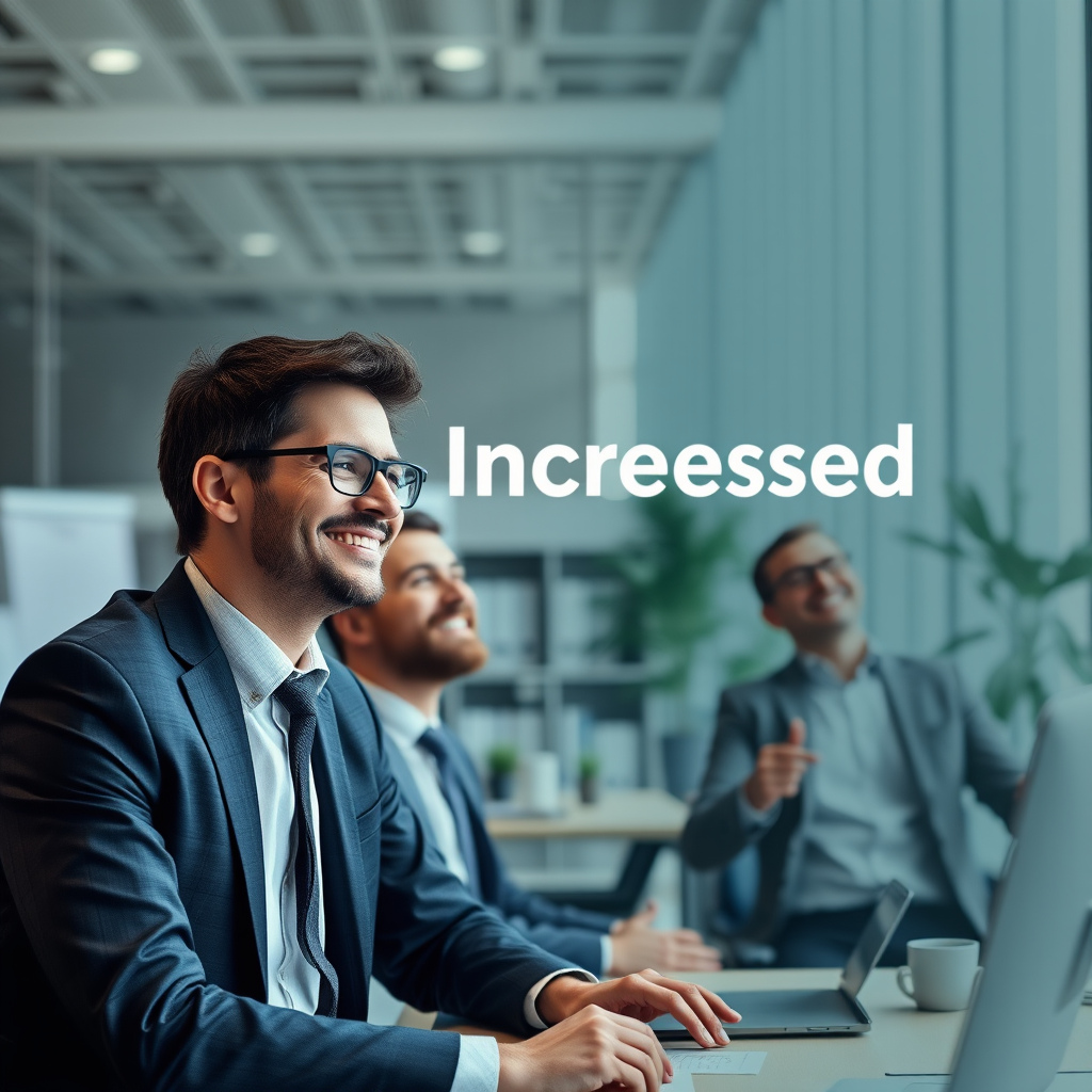 Gráfico corporativo mostrando aumento de produtividade e bem-estar masculino em ambiente empresarial moderno, com executivos satisfeitos e energizados
