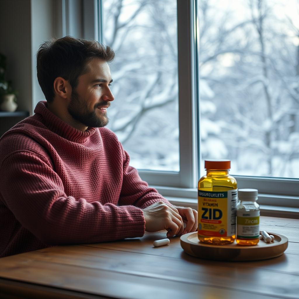 Homem saudável tomando suplementos naturais em ambiente invernal aconchegante, frascos de vitamina D e zinco sobre mesa de madeira, paisagem nevada pela janela, atmosfera de bem-estar