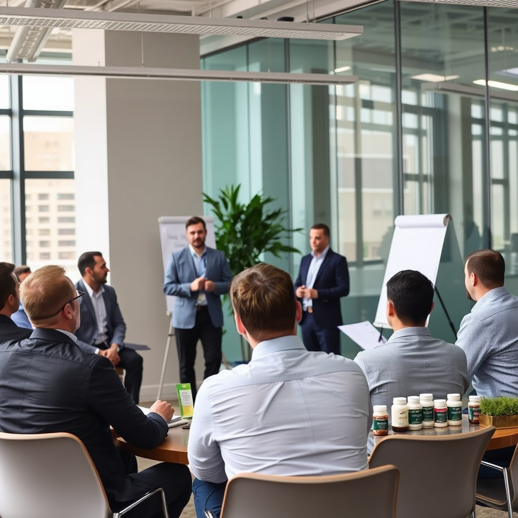 Corporate wellness seminar in Porto office building with male employees learning about men's health and natural energy support, professional presentation setup with wellness expert and supplement displays