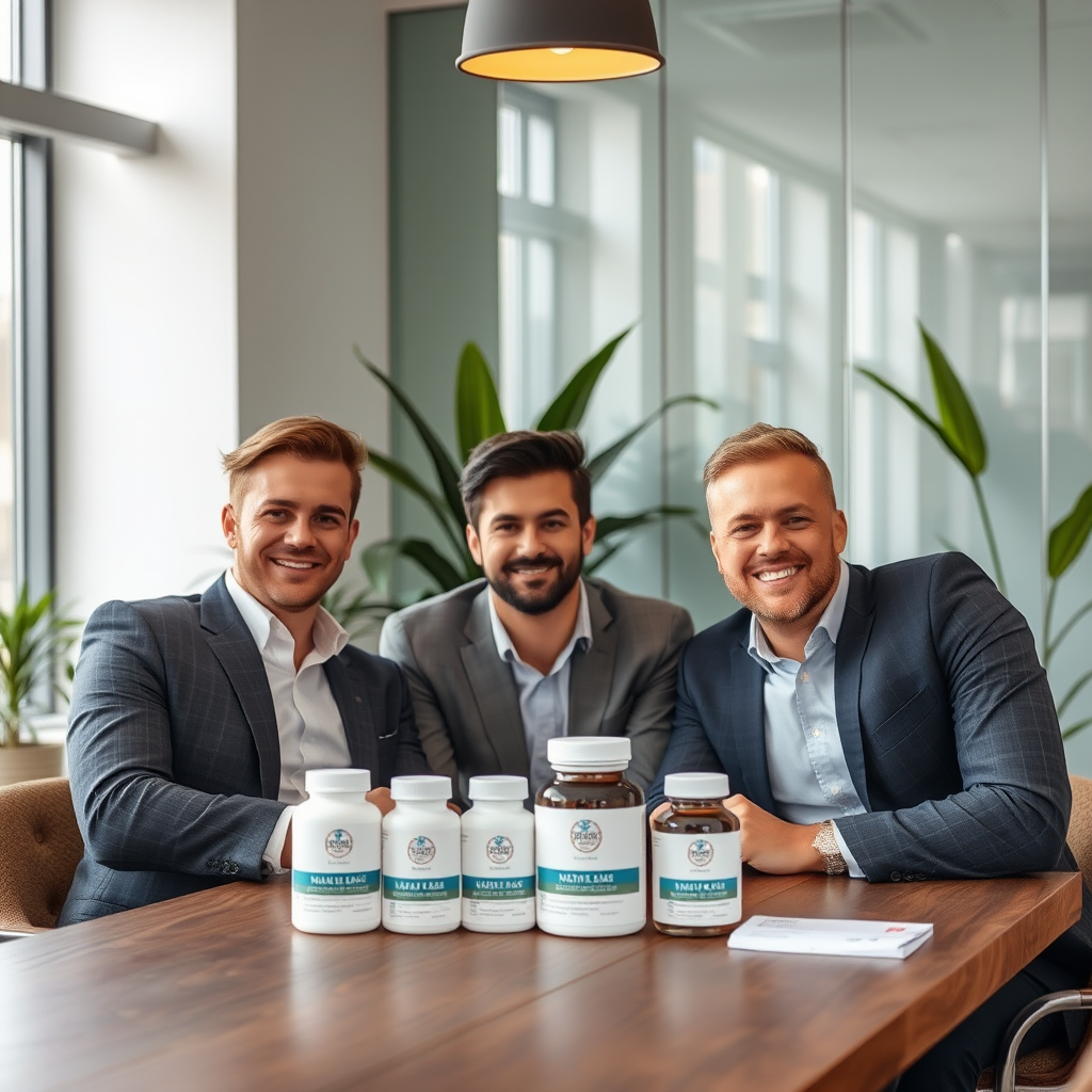 Equipa de consultores especializados em bem-estar masculino corporativo em escritório moderno no Porto, com produtos de suplementação natural premium