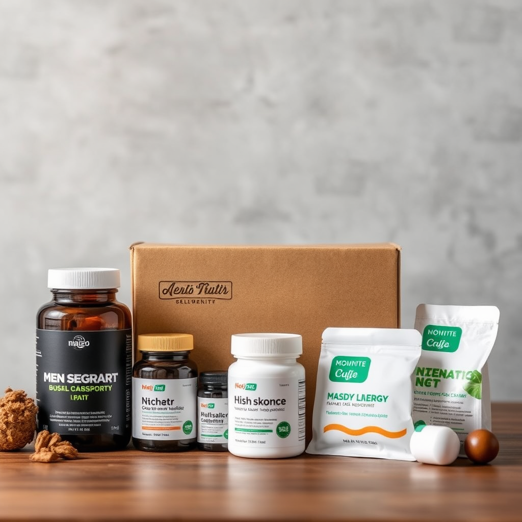 Premium supplement delivery service from Porto office showing monthly subscription packages for men's health with natural energy support products, professional packaging and reliable delivery system